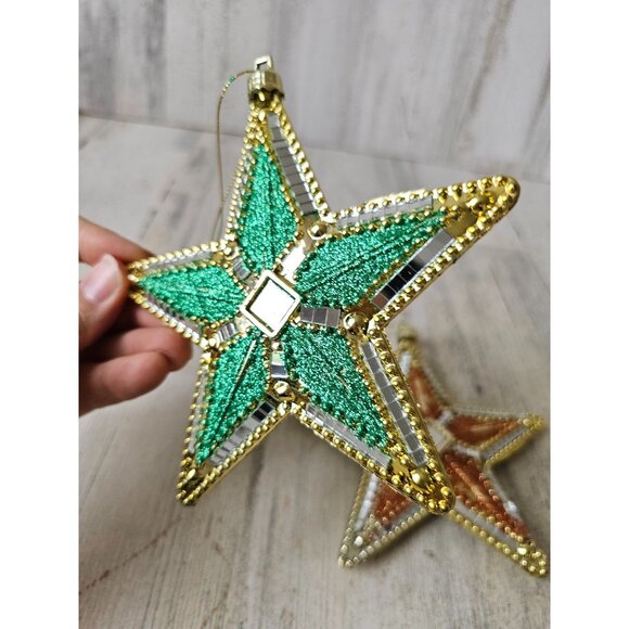 Vintage glitter star gold green orange plastic mirror ornament Xmas tree - Picture 3 of 8